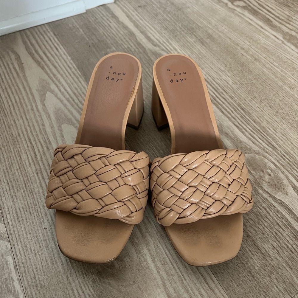 Tan Woven Block Heel Sandals